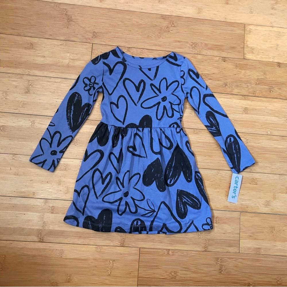 NWT Girls Size 5 Carter's Blue & Black Print Long-Sleeve Knit Dress
